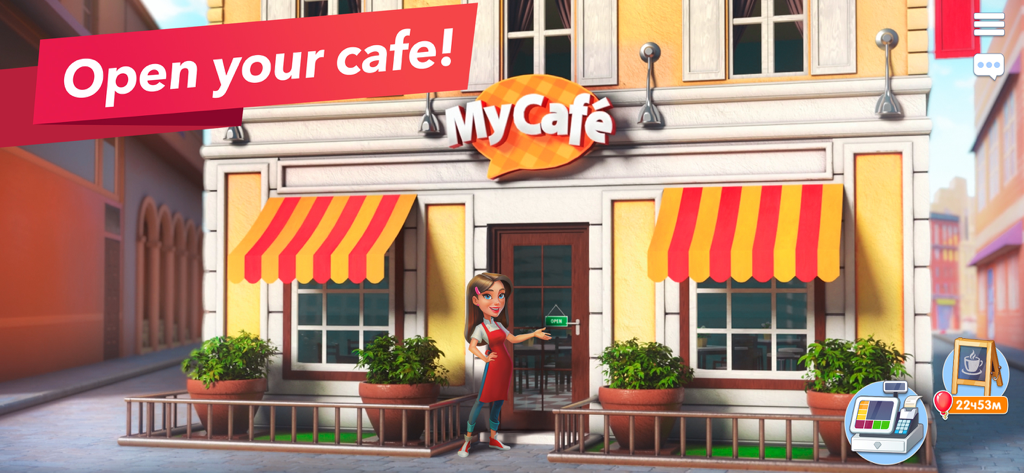 Female character standing in front of a yellow My Cafe storefront with a banner saying Open your cafe