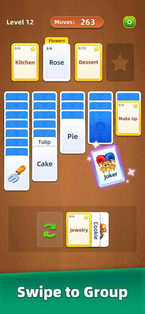 Word MindSort: Solitaire - 범주별로 분류된 단어 카드와 빛나는 조커 카드를 보여주는 Word MindSort 솔리테어 게임 플레이 화면