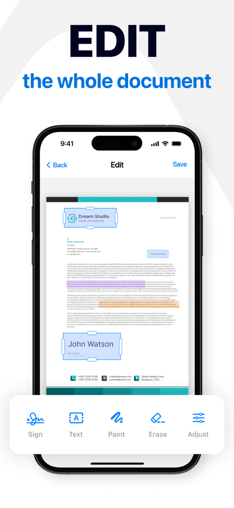PDF Scanner - Fax, Sign & Edit - Une interface mobile de l'application Scanner PDF montrant un document en cours d'édition avec des outils pour signer, ajouter du texte, peindre et effacer