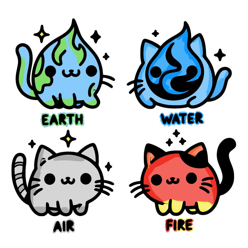 4 cats that represent the different elements, earth, water, air, and fire