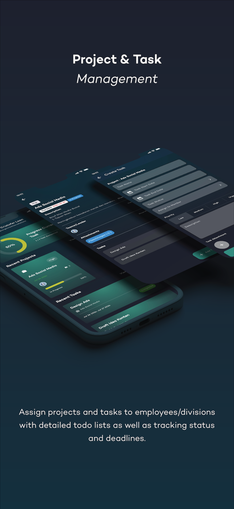 Interface of Kolabo app showing project and task management features including status tracking and deadlines