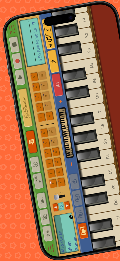 Professional Melodica - Professional Melodica mobile app interface showing a virtual piano keyboard and rhythm control panels