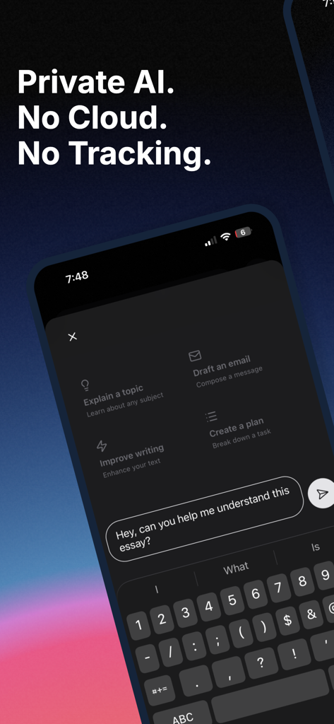 Smartphone screen showing Whisper app interface with private AI chat features and no cloud tracking messaging