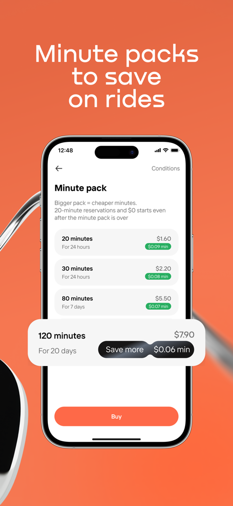 Whoosh.bike - Whoosh app screen showing discounted minute packs for scooter rentals