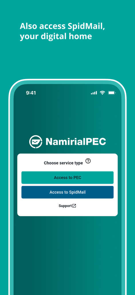 Schermata di selezione del tipo di servizio dell'app Namirial PEC per Accesso alla PEC e Accesso a SpidMail