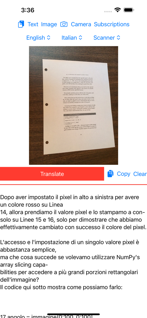 Interface do aplicativo Tradutor de Câmera mostrando um documento em inglês sendo traduzido para texto em italiano