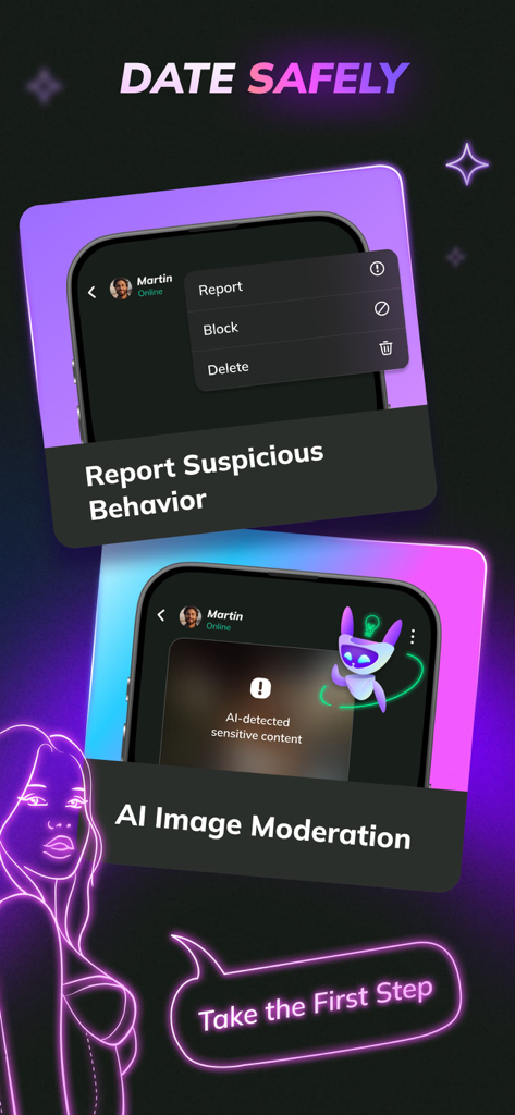 Flirtini app safety interface showing user reporting options and AI image moderation features