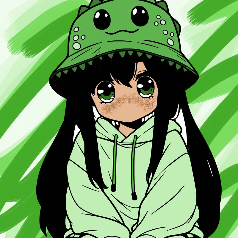girl with anime shaped eyes with a dinosaur bucket hat oversized sweatshirt long straight hair