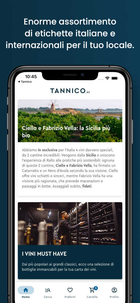 Tannico – Attività Commerciali - Interfaccia dell'app Tannico Biz per professionisti dell'ospitalità che mostra collezioni di vini curate