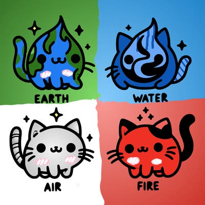 4 cats that represent the different elements, earth, water, air, and fire