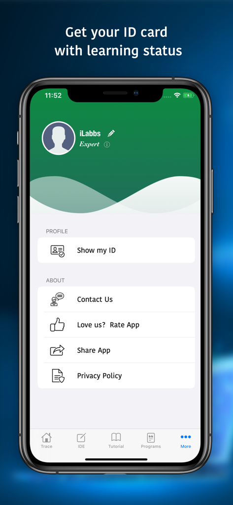 Página de perfil de la aplicación móvil del IDE de Python 3 que muestra el estado de aprendizaje experto y el menú de configuración