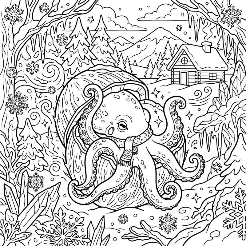 Snuggle up with this delightful coloring page featuring a charming coconut octopus enjoying a serene winter wonderland. This unique template brings together marine life and snowy magic for a truly captivating coloring experience.