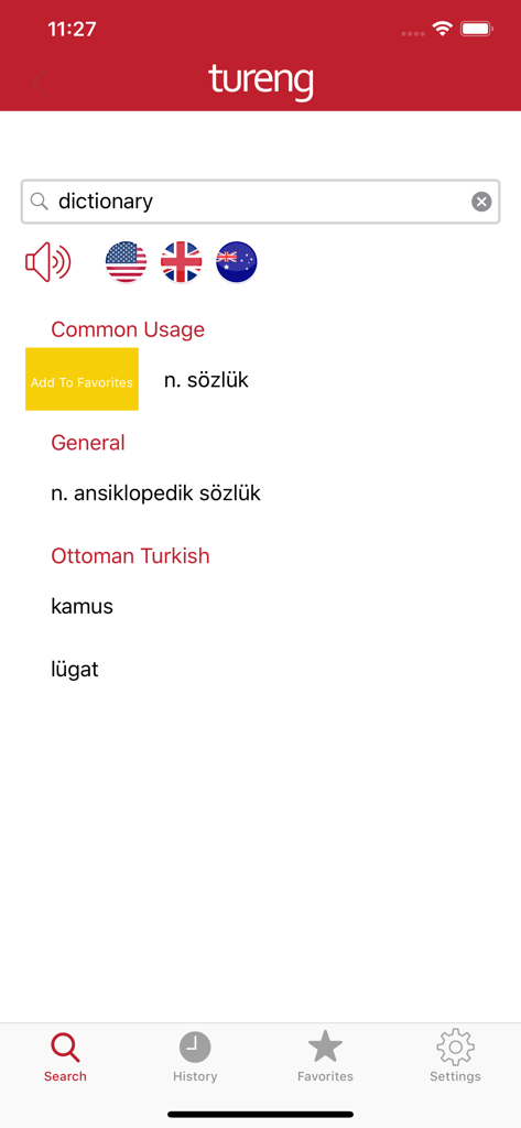 English to Turkish translation results in the Tureng app for the word dictionary