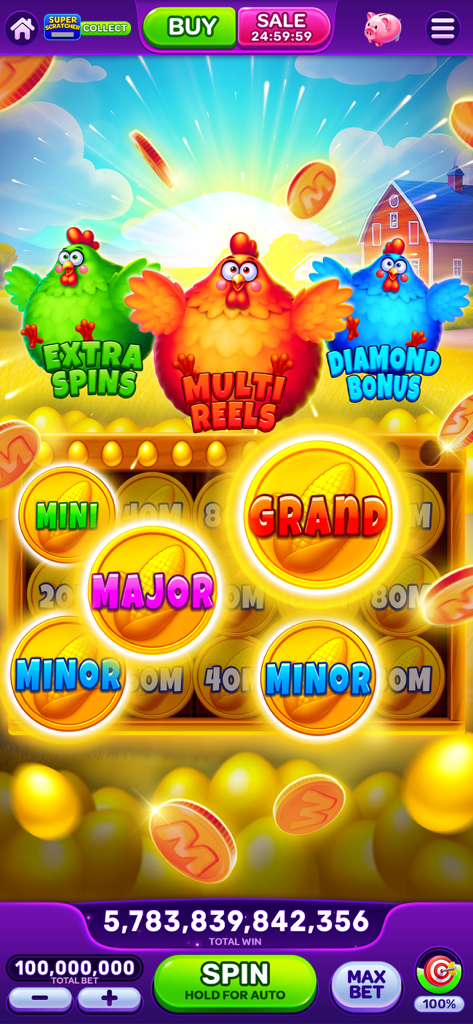 WOW Slots: Online Casino Games - Colorful farm-themed slot machine with cartoon chickens and mega jackpot coins in WOW Slots
