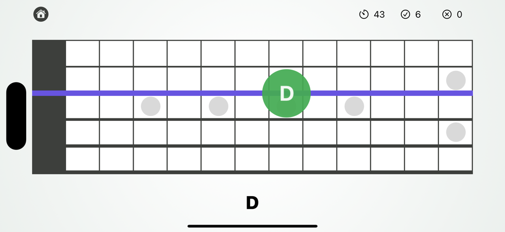 GuitarNotes - Master Fretboard - A digital guitar fretboard interface showing a note identification quiz where the user has correctly identified the note D