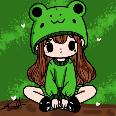 a girl wearing a frog hat and some frog socks