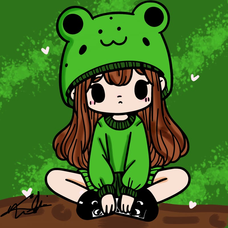 a girl wearing a frog hat and some frog socks