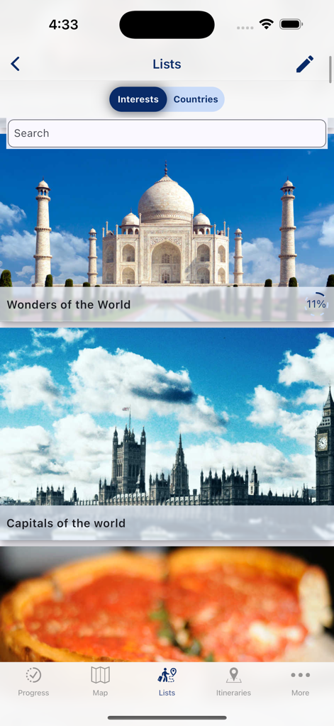 Visited: Travel Tracker & Map - Interface of the Visited app showing travel bucket lists for Wonders of the World and Capitals of the world