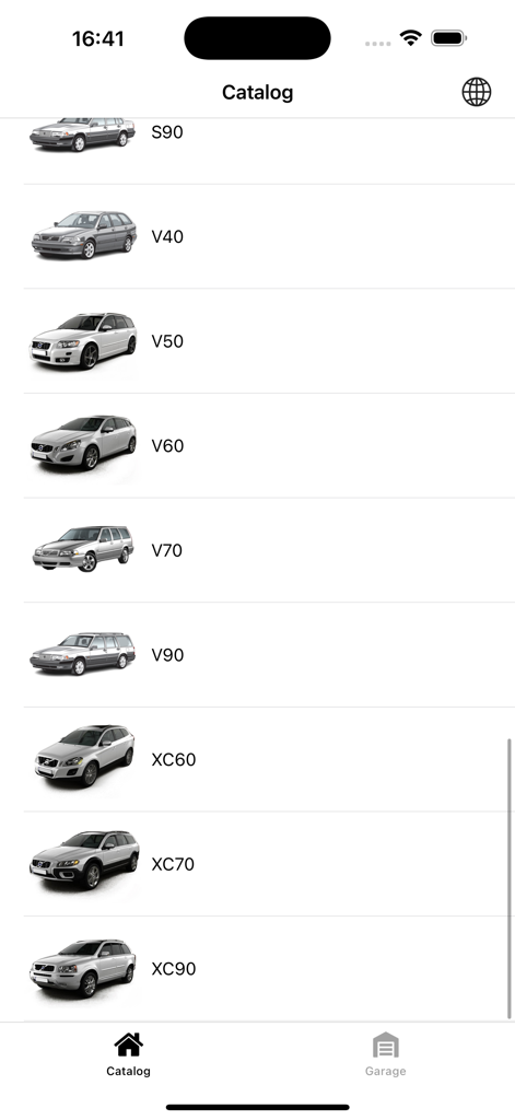 A list of Volvo car models in the mobile app catalog including the V70 and XC90.