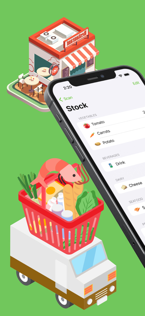 ChefStock 앱 재고 목록 화면에 식료품 배달 트럭 및 레스토랑 일러스트가 표시됨