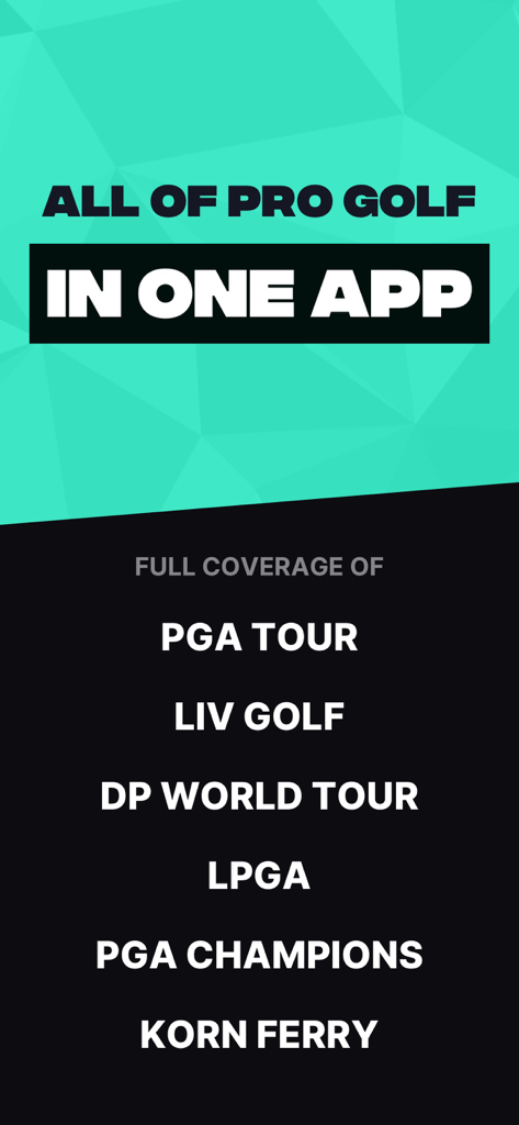 Promotional screen for GLF app showing coverage of PGA Tour LIV Golf LPGA and other professional tours