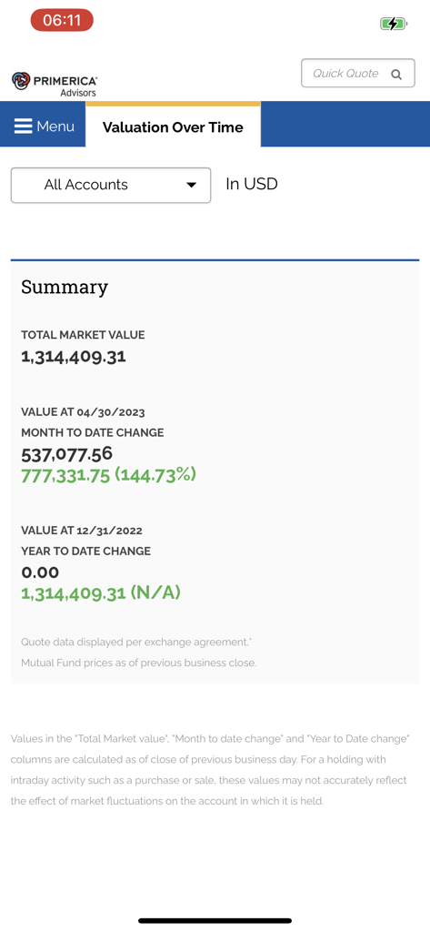 Primerica Advisors - Primerica Advisors app screen showing investment account valuation and summary