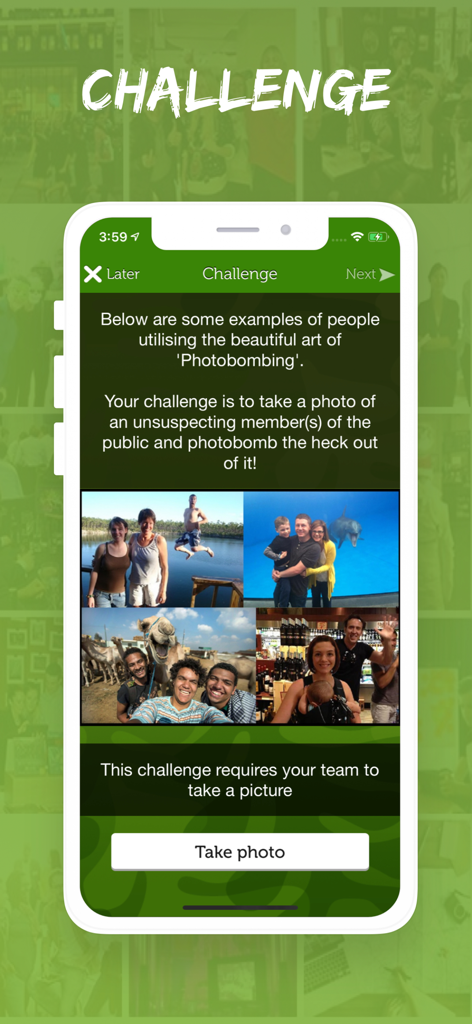 A team building photobomb challenge screen on the Mobile Adventures app
