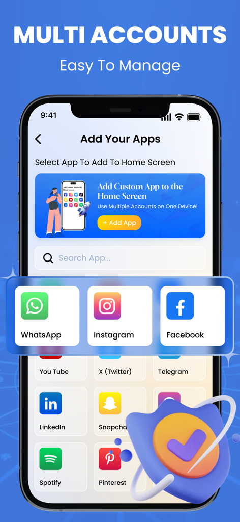 Dual Space Lite-Multi Accounts - Interface do aplicativo Dual Space Lite para gerenciar várias contas de mídia social como WhatsApp e Instagram em um único dispositivo