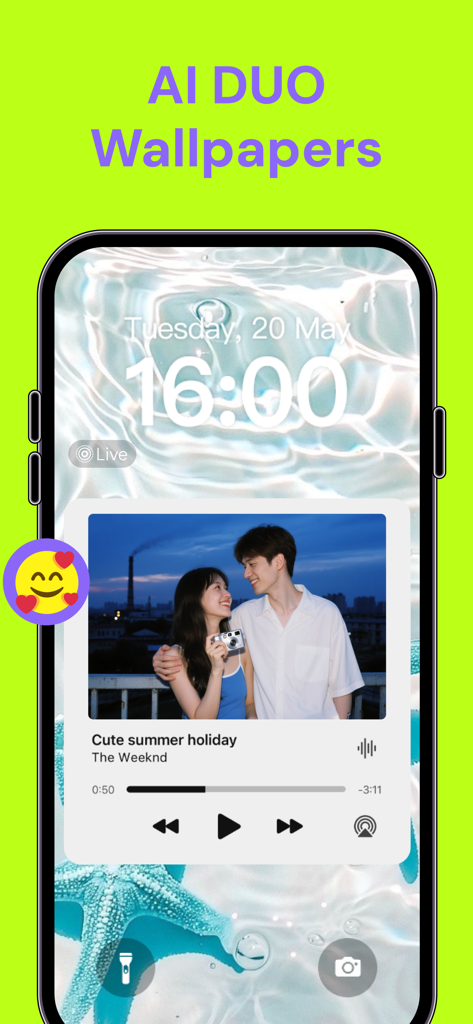 PicMi app screenshot displaying an aesthetic iPhone lock screen with AI Duo Wallpapers and a summer themed couple widget