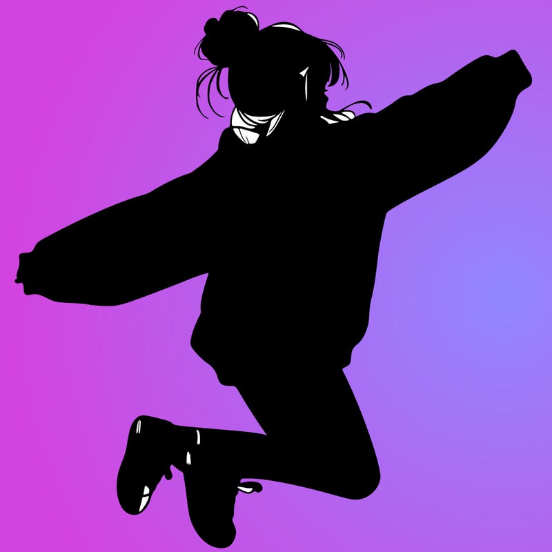 realistic girl jumping with a bun and oversized sweatshirt
