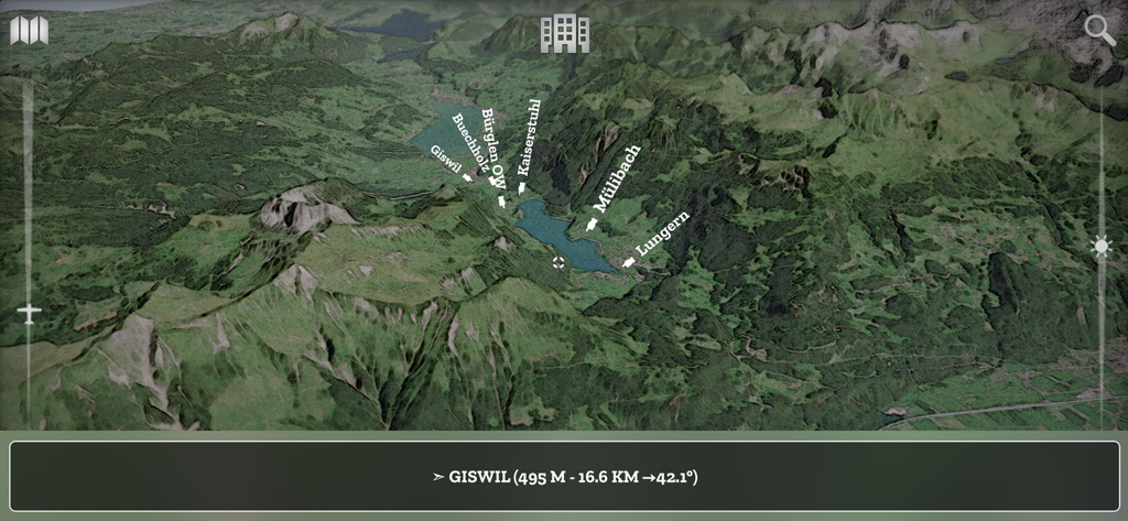 Swiss3D - Uma visão de mapa topográfico 3D dos Alpes Suíços mostrando picos de montanhas e nomes de cidades como Giswil e Lungern