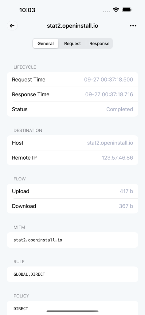 Loon app screen showing detailed network request information including lifecycle timing destination host and traffic flow statistics