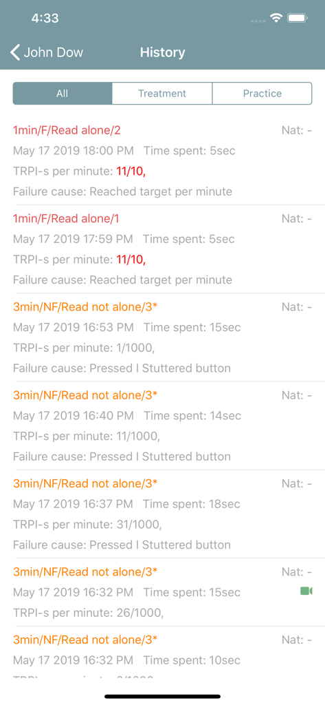 MPI-2アプリの履歴画面、発話間隔データを含むスピーチ治療および練習セッションのリストが表示されます。