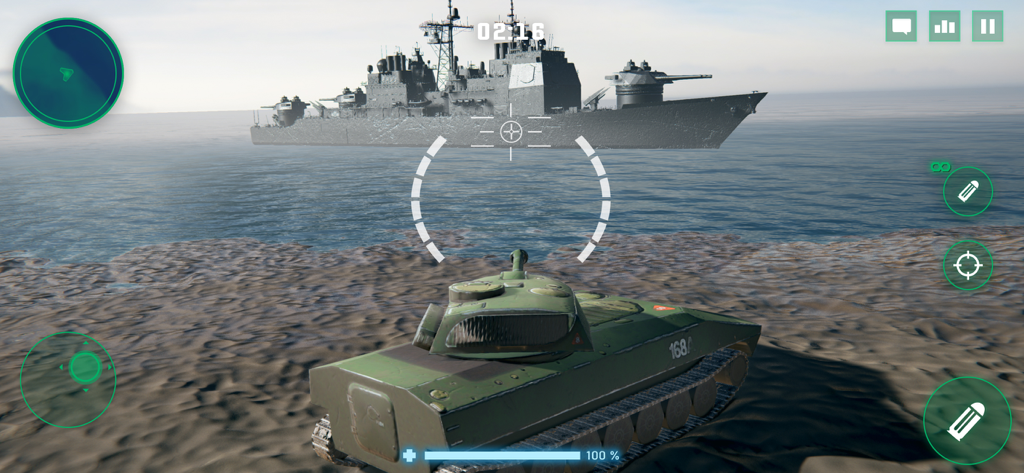 A green battle tank aiming its cannon at a large naval ship in War Machines