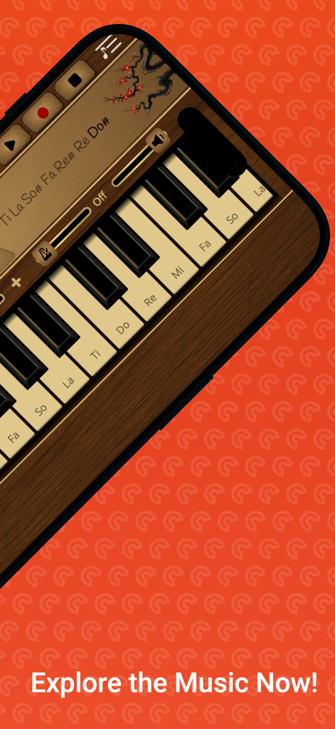 Koto Sim - A mobile app interface for Koto Sim showing a virtual piano keyboard with wooden textures and Japanese floral decorations.