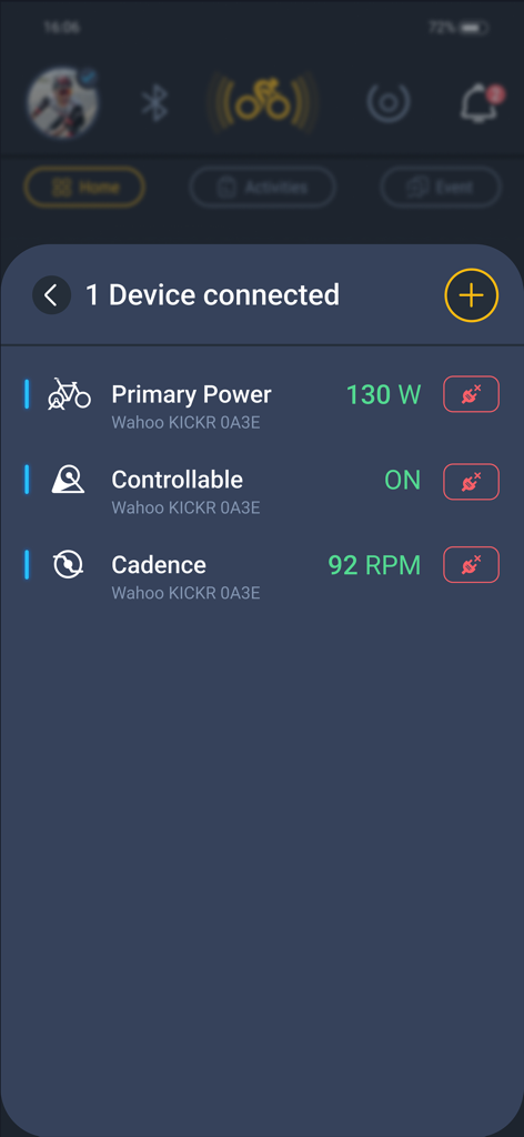Un écran mobile de l'application MyWhoosh Link affichant les données en temps réel d'un home trainer connecté, y compris la puissance et la cadence.