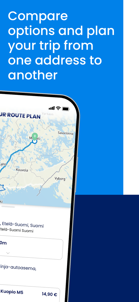 Reitit ja Liput - Mobile app screen showing a travel route on a map with trip planning options