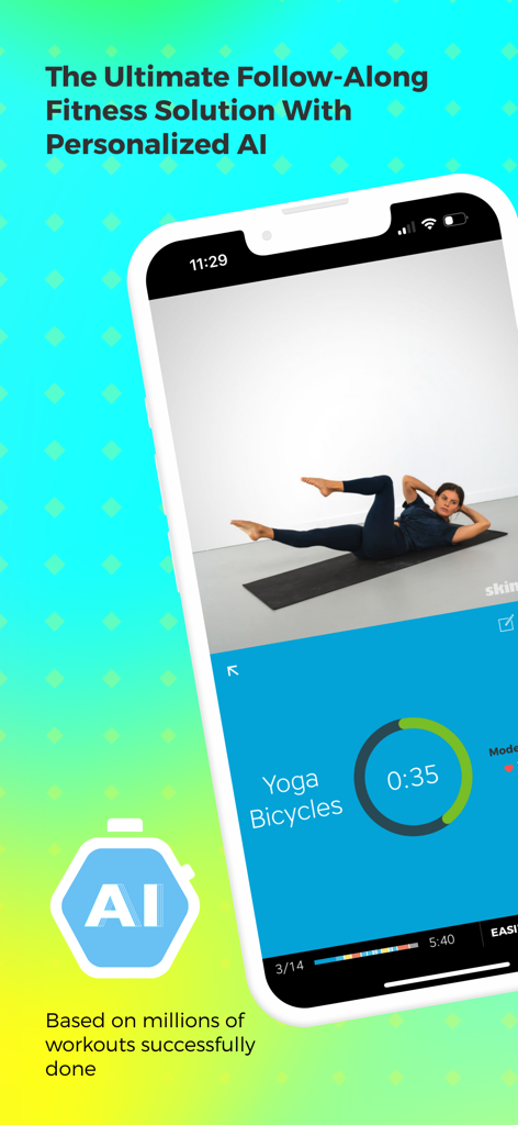 Aplicación Entrenador de Ejercicios IA que muestra un ejercicio de yoga personalizado para seguir con un temporizador