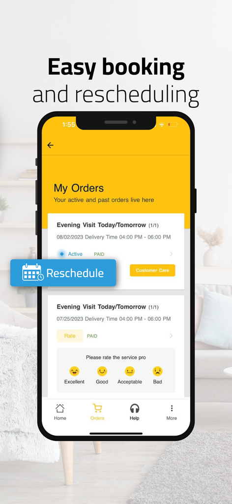 B8ak بيتك - Home Services App - B8ak-Hausdienstleistungs-App-Bildschirm mit 'Meine Bestellungen' sowie einfachen Buchungs- und Umbuchungsoptionen