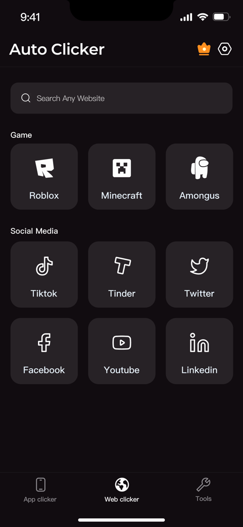 Pantalla de la aplicación Auto Clicker que muestra atajos de automatización web para juegos populares como Roblox y Minecraft y plataformas de redes sociales