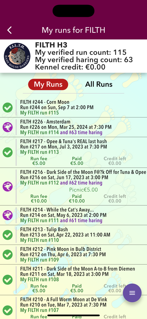 Harrier Central - Captura de tela do Harrier Central mostrando o histórico de corrida pessoal de um usuário e contagens verificadas para um canil específico