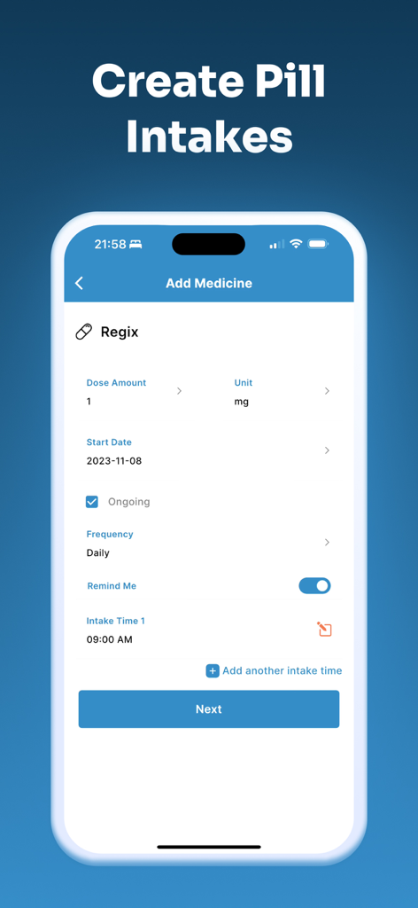 Pill Reminder l Med Tracker - Interfaz para agregar el nombre del medicamento, la dosis y la frecuencia de los recordatorios