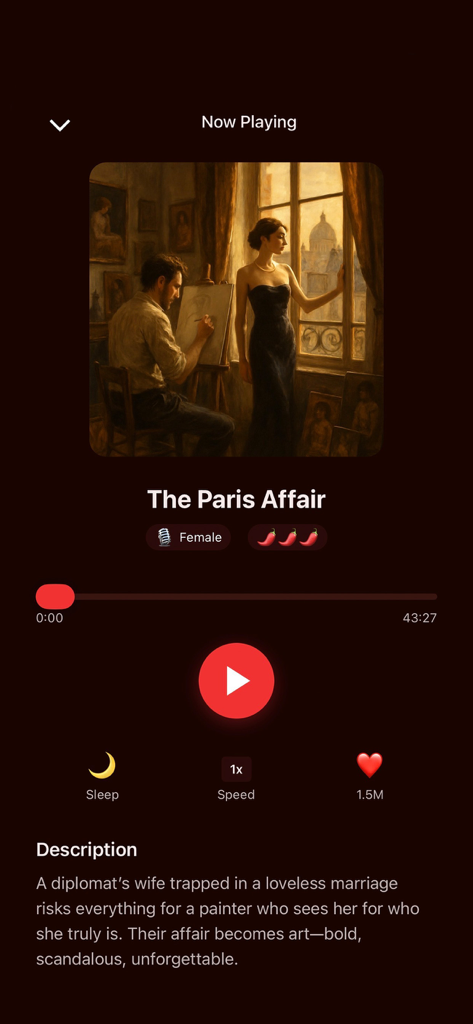 Now Playing screen for The Paris Affair romantic audio story in the Whisper Stories app