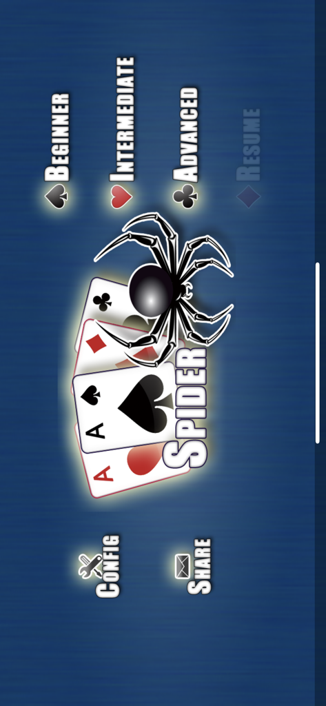 Main menu of the Spider Solitaire app showing Beginner, Intermediate, and Advanced difficulty options.