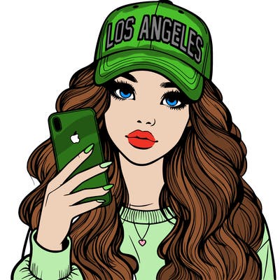 realistic beautiful girl wearing los ángeles cap holding an iphone