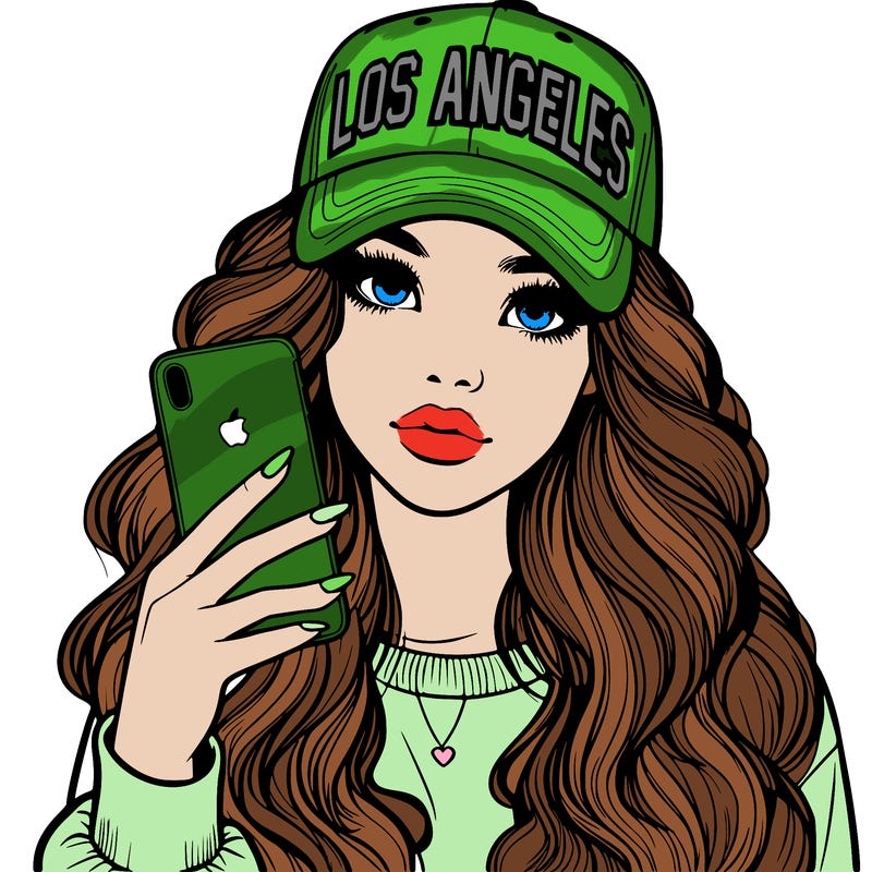 realistic beautiful girl wearing los ángeles cap holding an iphone