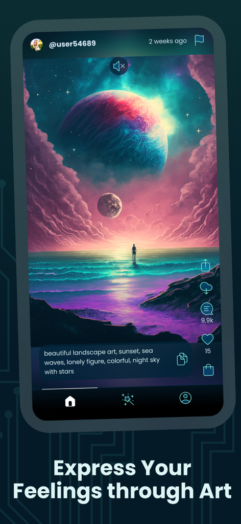 Uma paisagem surreal gerada por IA com planetas e um pôr do sol exibido na interface do aplicativo móvel GenZArt.