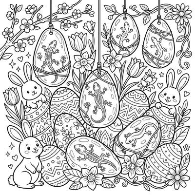 Unearth a delightful fusion of ancient wonders and festive joy with this unique Amber Lizards Easter coloring page. Adorable bunnies, intricate eggs, and fascinating fossilized lizards await your creative touch in a vibrant spring scene.