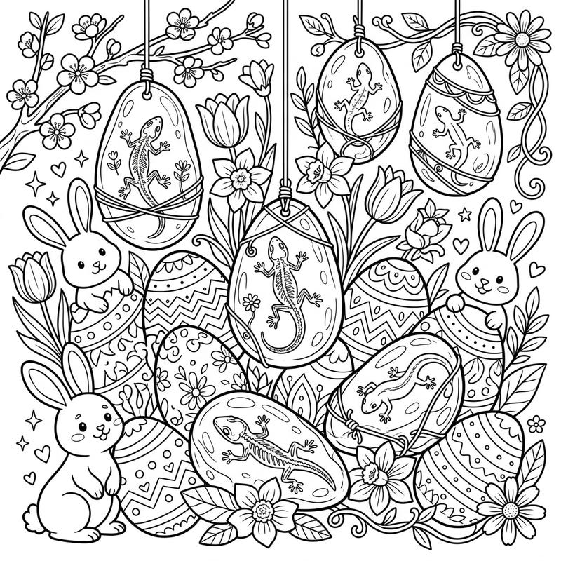 Unearth a delightful fusion of ancient wonders and festive joy with this unique Amber Lizards Easter coloring page. Adorable bunnies, intricate eggs, and fascinating fossilized lizards await your creative touch in a vibrant spring scene.
