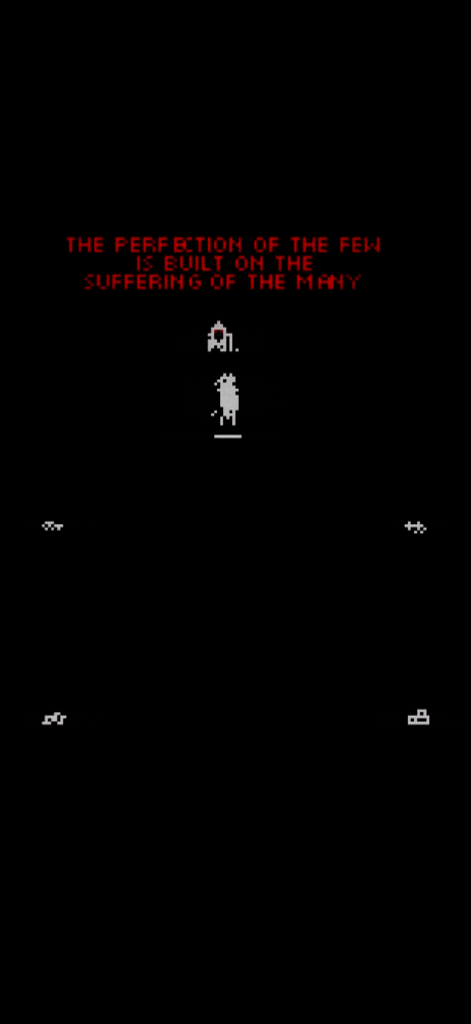 Trail of Gods - Minimalist 1-bit intro screen for Trail of Gods featuring a red text quote and pixel art character on a black background